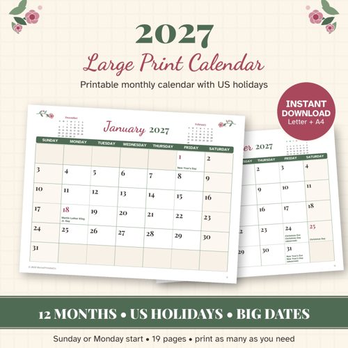 2027 Large Print Monthly Calendar (Printable)