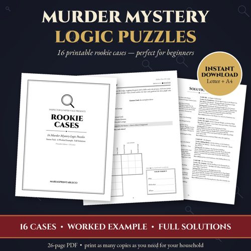 Murder Mystery Logic Puzzles: 16 Rookie Cases (Printable)
